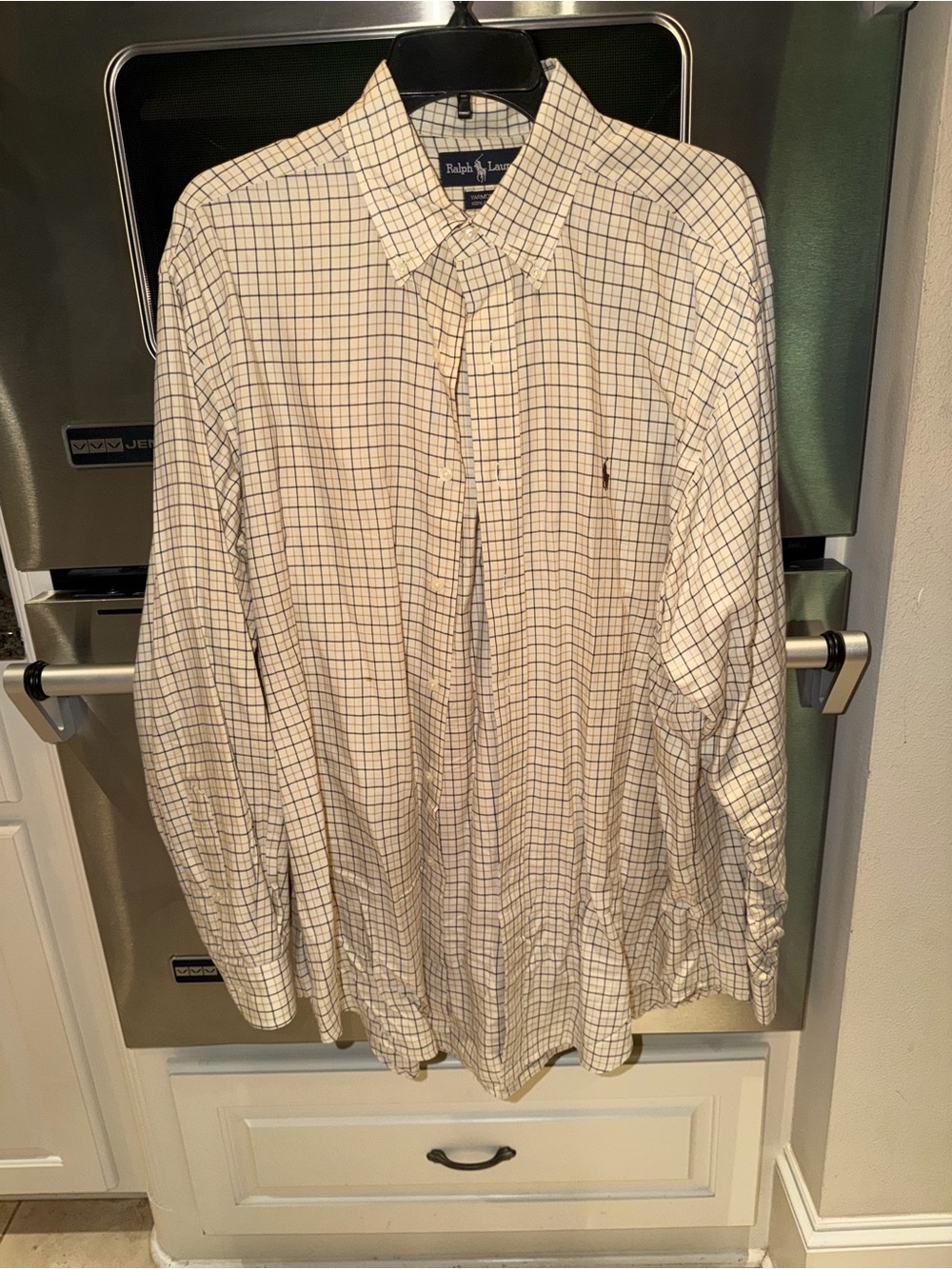 Ralph Lauren Men’s White Shirt with Blue and Tan Windowpane Check